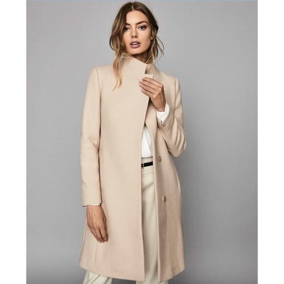 Reiss Jackets & Blazers - REISS Coat Size 12 NEW Maya Wool Blend Slim Wrap Collar Jacket Cream Tan $620